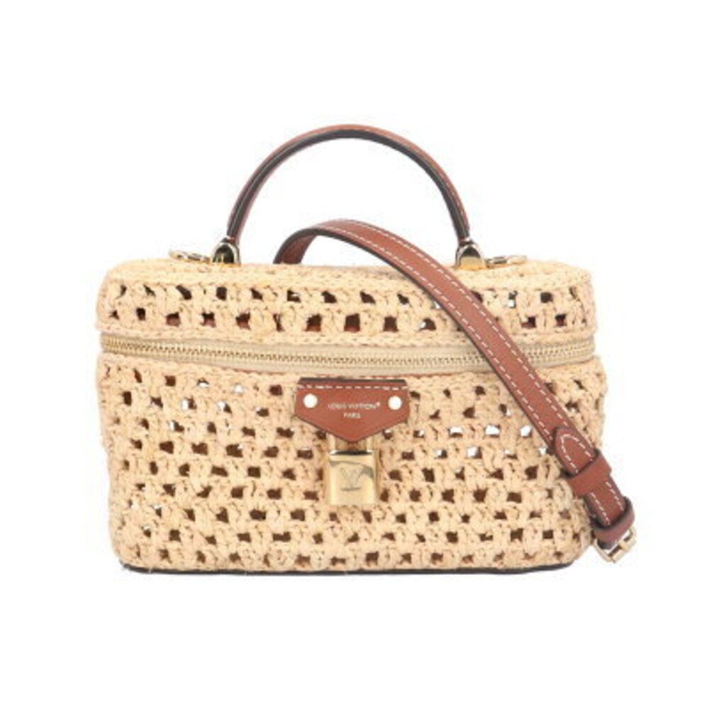 Louis Vuitton Vanity Chain Clutch Shoulder Bag Raffia Beige